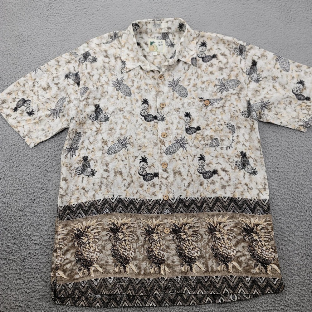 M.E. Sport Shirt‎ Mens Large Tan Pineapples Hawaiian All Over Print Casual Aloha
